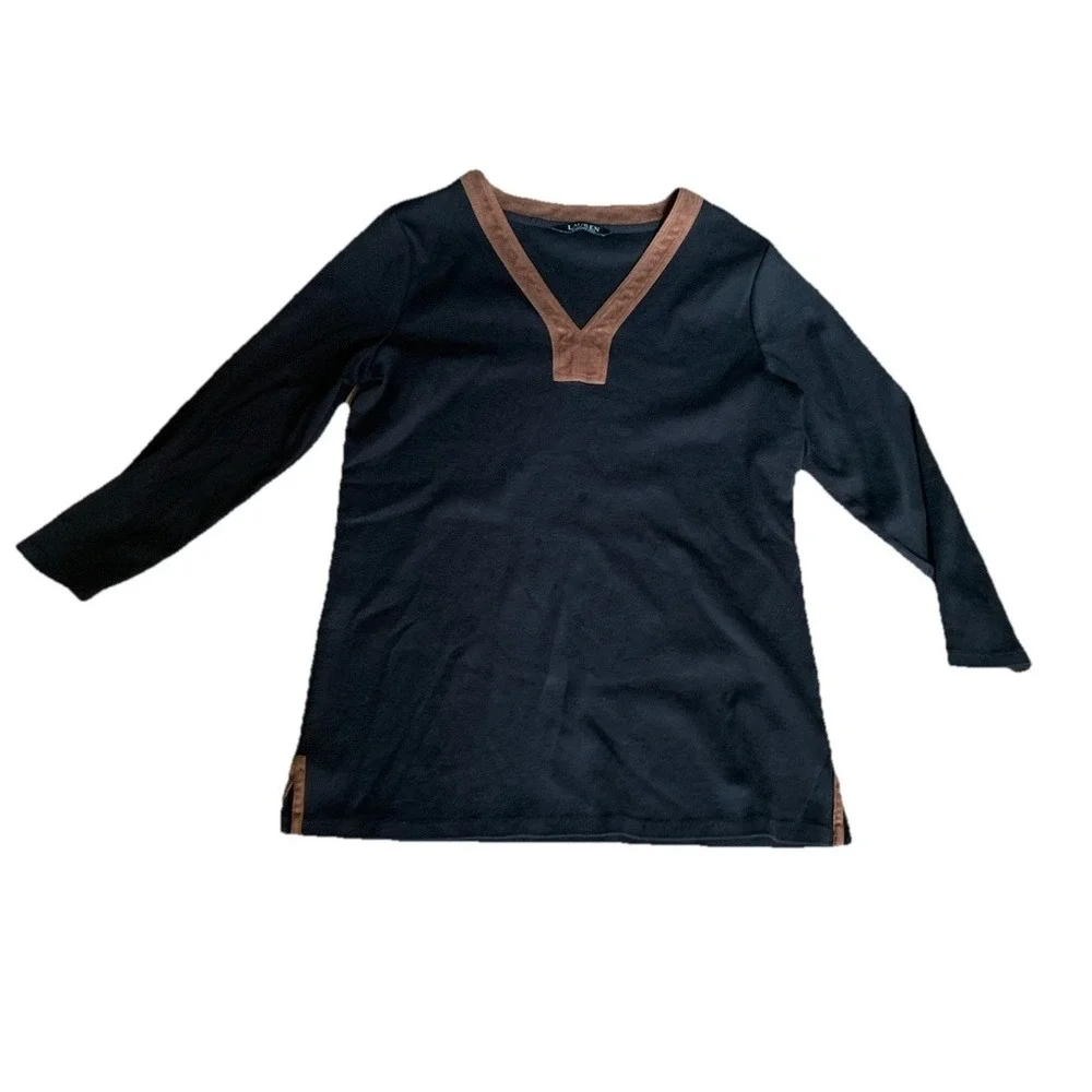 Lauren Ralph‎ Lauren Women's V Neck Blouse Sz Large  Black Faux Suede Details.